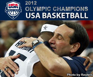 2012 Olympic Men's Basketball Champions - Coach Hugging a basketball player